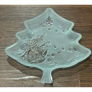 Christmas Tree Glass Plate 7.5" Holiday Candy Dish Clear Frosted‎ Celebration
